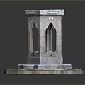 Stone Fountain With Arch Openings And Circular Base On Decorative Stone Platform