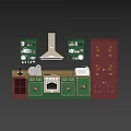 Colorful Decorative Kitchen Interior With Green Pink Cabinets And Appliances Shelves Dishes