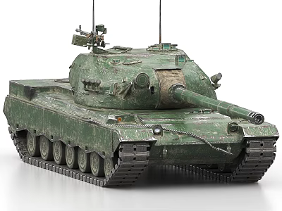 Green Camouflage Military Tank With Turret Gun Barrel Tracks And Antenna 3d model