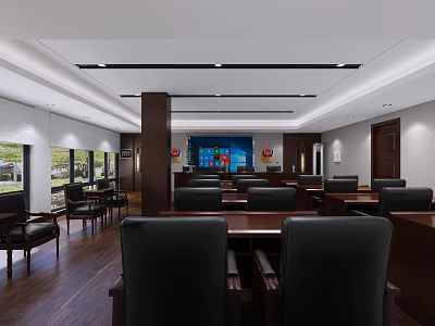 Modern Conference Room Interior With Wooden Flooring Black Leather Chairs Meeting Tables And Front Screen 3d model