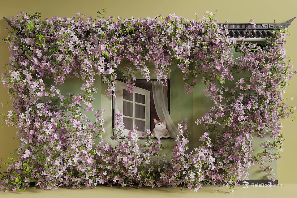 Vines With Lush Purple Flowers Climbing Exterior Building Wall And Window 3d model 