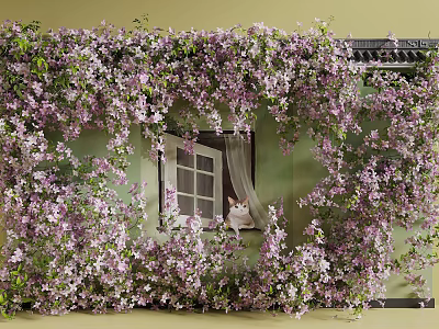 Vines With Lush Purple Flowers Climbing Exterior Building Wall And Window 3d model