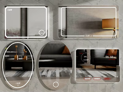 Modern Square And Oval Mirrors In Living Room With Sofa Rug And Table Lamp 3d model