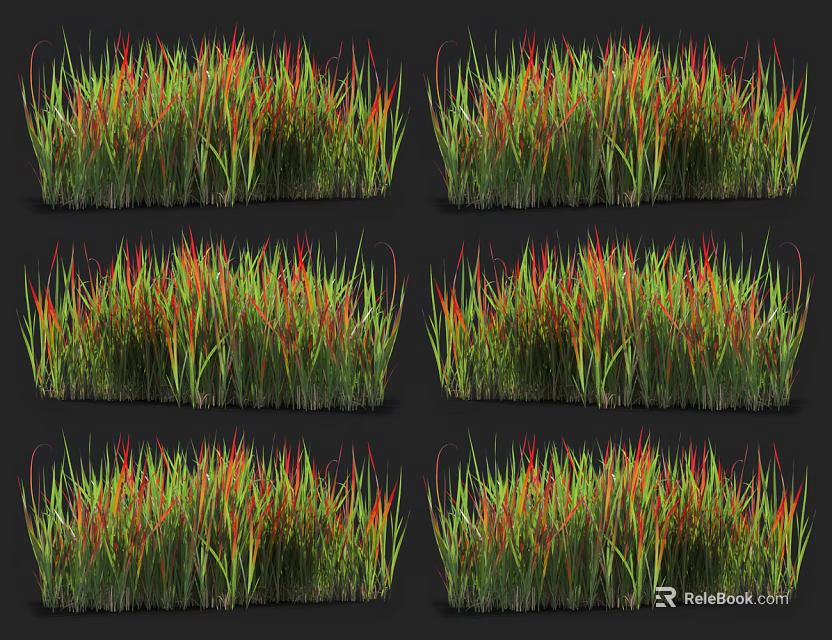Multiple Clumps of Green and Red Grass with Natural Growth Patterns 3d model 