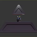 3D Cartoon Scene With Two Characters On Purple Platform Yellow Area And Floating Pyramid