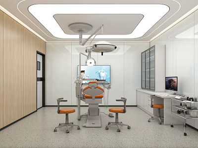 Modern Dental Clinic Interior With Dental Chair Surgical Lamp And Medical Equipment 3d model