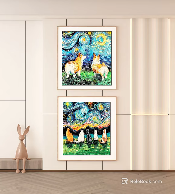 Van Gogh Starry Night Style Art Prints With Corgi Dogs Cats And Rabbit Decor 3d model 