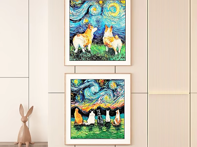 Van Gogh Starry Night Style Art Prints With Corgi Dogs Cats And Rabbit Decor 3d model