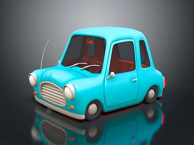 Cartoon Blue Car with Adorable Design and 3D Model Reflection on Black Surface 3d model