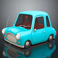 Cartoon Blue Car with Adorable Design and 3D Model Reflection on Black Surface