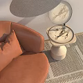 Orange Leather Armchair With Modern Floor Lamp Abstract Artwork And Round Side Table
