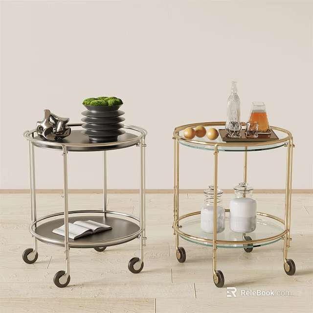 Elegant Rolling Serving Carts With Glass Shelves Gold And Silver Metal Frames 3d model 