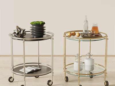 Elegant Rolling Serving Carts With Glass Shelves Gold And Silver Metal Frames 3d model