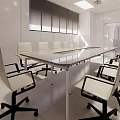 Modern Conference Room With Long Table White Chairs Large Screen And Recessed Lighting