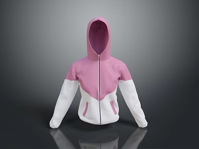Pink And White Color Block Hoodie With Front Zipper And Side Pockets 3d model