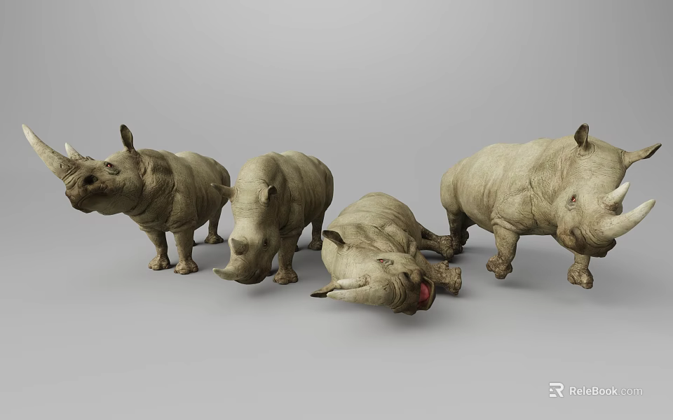 Group of Rhinoceros Statues in Standing and Lying Postures on Gray Surface 3d model 