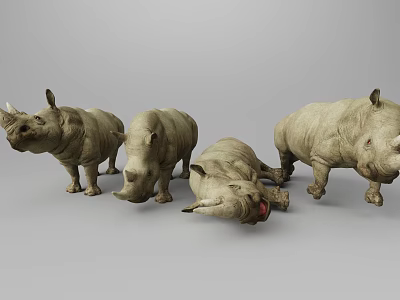 Group of Rhinoceros Statues in Standing and Lying Postures on Gray Surface 3d model