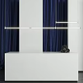 Modern Linear Pendant Light With Sleek Metal Frame Against Navy Blue Curtains And White Background