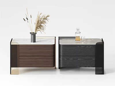 Modern Minimalist Bedside Tables With Marble Tops Wooden Drawers And Decorative Vases 3d model
