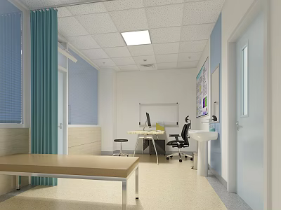 Medical Examination Room Interior With Examination Table Desk Chair And Light Blue Curtains 3d model