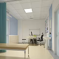 Medical Examination Room Interior With Examination Table Desk Chair And Light Blue Curtains