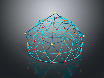 Geometric Sphere Grid Structure With Blue Lines Orange Red Nodes And Reflective Surface 3d model