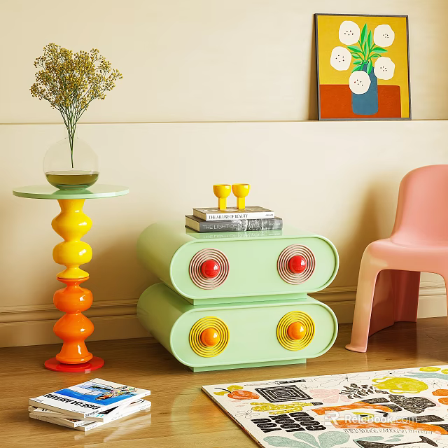 Stylish Green Double Layer Nightstand With Red Yellow Circular Decorations 3d model 