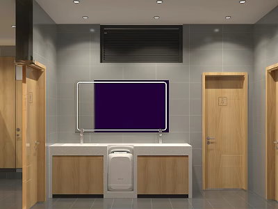 Public Restroom Interior With Wooden Stall Doors Tiled Walls Mirror And Double Sink 3d model