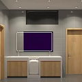 Public Restroom Interior With Wooden Stall Doors Tiled Walls Mirror And Double Sink