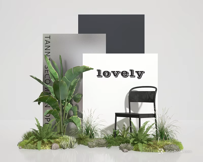 Popular Photo Check in Spot With Green Plants Black Chair Lovely Sign And Geometric Backdrop 3d model 