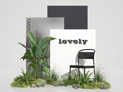 Popular Photo Check in Spot With Green Plants Black Chair Lovely Sign And Geometric Backdrop 3d model