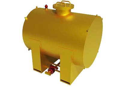 Golden Industrial Storage Tank With Support Structure And Red Valves Metallic Finish 3d model