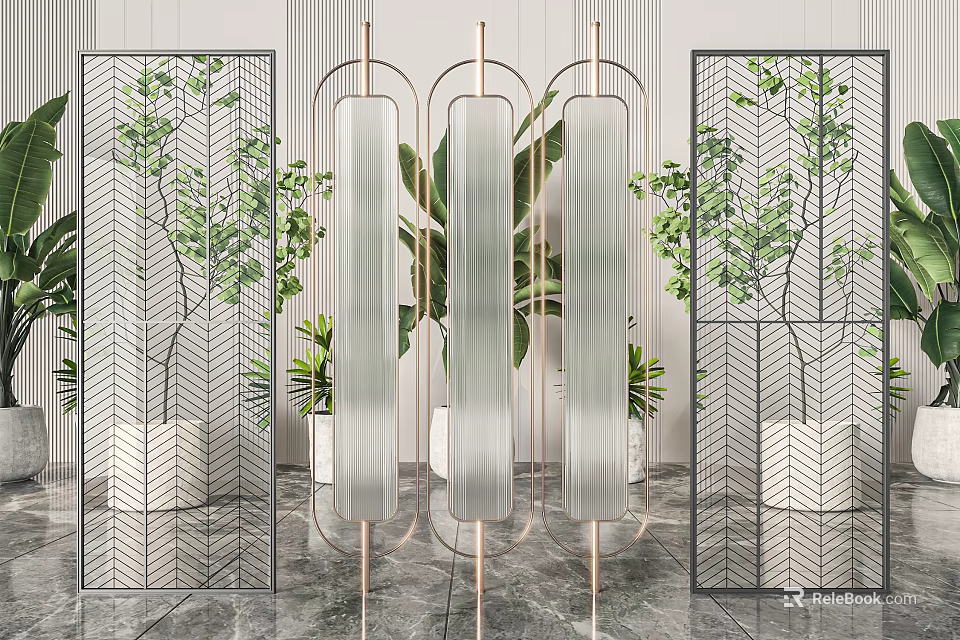 Modern Room Divider With Metal Frame Glass Panels And Green Plants In Interior 3d model 