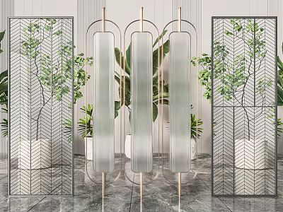 Modern Room Divider With Metal Frame Glass Panels And Green Plants In Interior 3d model