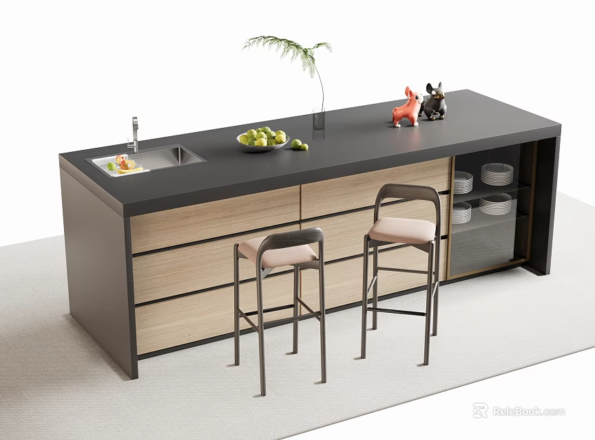 Modern Kitchen Bar Counter With Black Top Sink Fruit Bowl And Two Bar Stools 3d model 