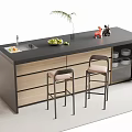 Modern Kitchen Bar Counter With Black Top Sink Fruit Bowl And Two Bar Stools