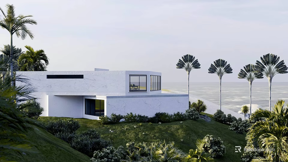 Modern White Detached Villa on Hillside with Green Lawn Palm Trees and Lush Vegetation 3d model 