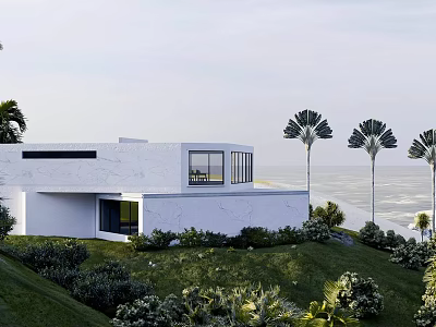 Modern White Detached Villa on Hillside with Green Lawn Palm Trees and Lush Vegetation 3d model