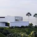 Modern White Detached Villa on Hillside with Green Lawn Palm Trees and Lush Vegetation