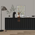 Modern Black Console Table Sideboard Cabinet With Decorative Ornaments Floor Lamp And Painting