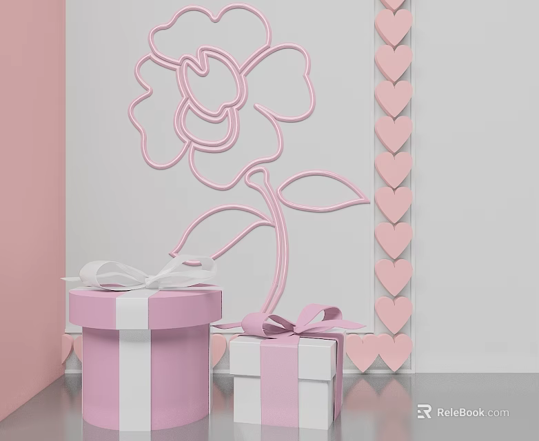 Pink Hinged Door with Rose Pattern Pink Heart Decor and Gift Boxes with White Ribbons 3d model 