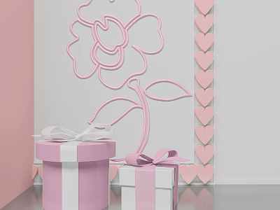 Pink Hinged Door with Rose Pattern Pink Heart Decor and Gift Boxes with White Ribbons 3d model