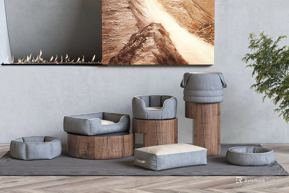 Various Designed Pet Beds With Wooden Bases And Gray Cushions In Interior 3d model 