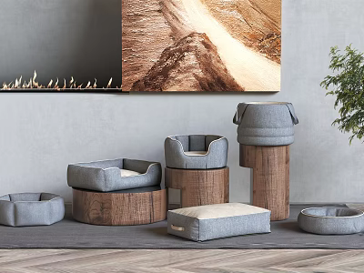 Various Designed Pet Beds With Wooden Bases And Gray Cushions In Interior 3d model