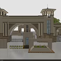 Grand Classical Entrance Gate With Stone Arch Columns And Ornamental Trees