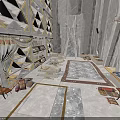 Ancient Hall Interior With Stone Walls Geometric Shelves Marble Flooring And Ornate Rugs