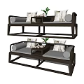 Modern Chinese Daybed with Gray Cushions Decorative Pillows Small Table and Green Plant