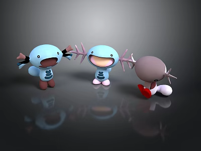 Three Cartoon Dolls With Blue Gray Bodies Antler Decorations And Red Feet 3d model