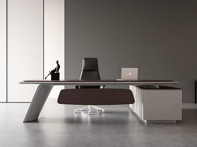 Modern Office Desk With Black Chair Laptop Decorative Sculpture And Side Cabinet 3d model