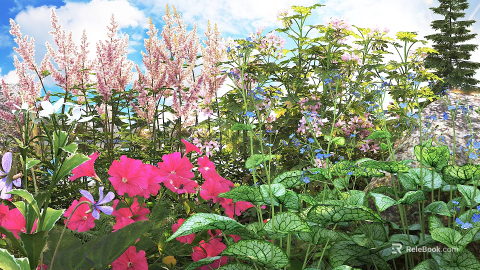 Vibrant Garden Flowers And Lush Greenery With Pink And Purple Blooms 3d model 